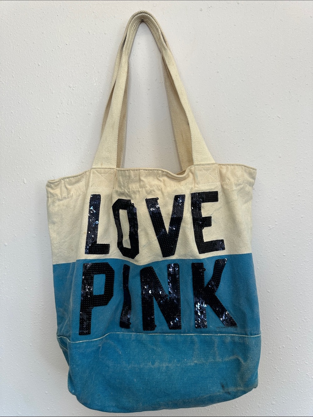 LOVE PINK Y2K Victoria's Secret Two-Tone Canvas Tote Bag in Cream and Teal